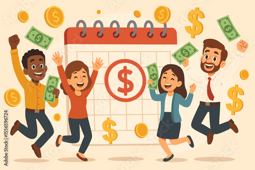 Happy diverse employees celebrating payday. Team of office workers jumping with joy holding money. Calendar with salary date. Financial success, income, bonus concept. Flat vector cartoon.