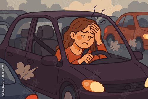 Frustrated woman in a car stuck in a traffic jam with a bad headache. Exhausted driver feeling unwell, suffering from stress and anxiety during her commute. City life pollution concept vector.