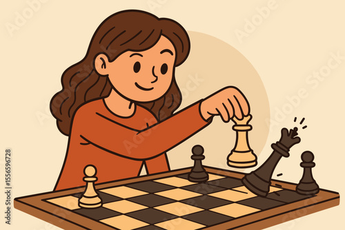 Woman playing chess makes a winning move, defeating the opponent's queen. Concept of strategy, victory, intelligence, and success. Female empowerment in a mind board game.