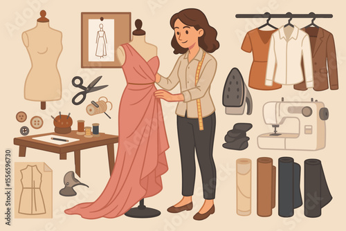 Fashion designer works in her creative studio. Female tailor or seamstress making a dress on a mannequin. Vector cartoon set with sewing machine, tools, and tailoring supplies.