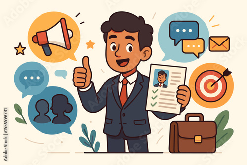 Essential communication skills and self-promotion for job applications. Confident candidate with resume for interview. Career development, hiring, and human resources concept vector.