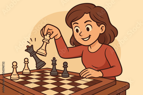 Smart young woman playing chess makes a strategic winning move capturing the queen. Concept for business strategy, success, victory, and competition. Girl enjoying a mind game.