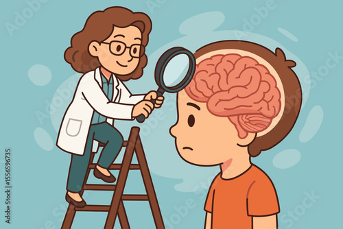 Child psychology mental health concept. Female doctor on ladder examining boy's brain with magnifying glass. Pediatric neurology, therapy, emotional development, brain diagnosis.