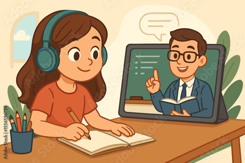 Online education concept with girl studying from home. Female student in headphones watching video lesson with virtual tutor on tablet. E-learning and remote class cartoon vector.
