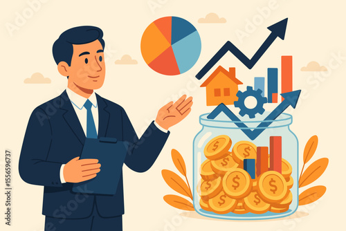 Financial advisor presenting an investment strategy. Portfolio diversification concept with money jar, real estate, and stock market growth chart. Asset management for wealth.
