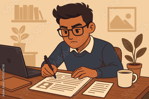 Focused man writing resume at desk, applying for a job. Professional candidate preparing CV for career. Employment, recruitment and job search concept. Vector cartoon illustration.
