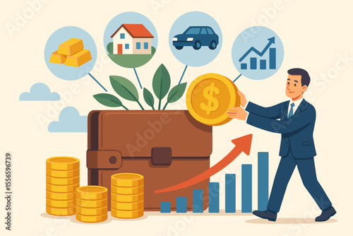 Asset management and investment portfolio diversification concept. Businessman planning a financial strategy for wealth growth. Investing in stocks, real estate, and gold for profit.