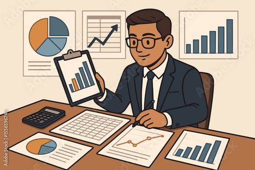 Financial analyst at office desk examining data reports. Male accountant analyzing business charts, graphs, and spreadsheets for corporate strategy, insights, and investment.