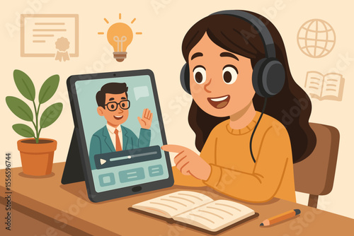 E-learning concept with female student watching an online course on a tablet. Girl in headphones studying from home with a virtual tutor. Remote education webinar vector illustration.