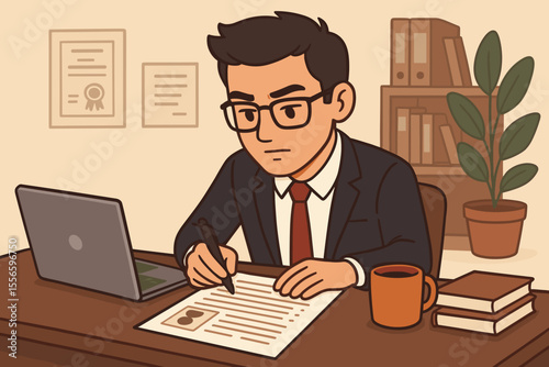 Focused professional crafting resume to find a job. Man writing CV at desk with laptop. Concept of job search, employment, career opportunity, human resources, and recruitment.