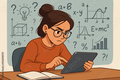 Focused student girl solving complex problem on a tablet. E-learning and online education concept with woman studying math and science. Knowledge, STEM, and research vector.