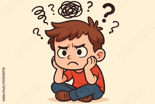 Frustrated boy with bewildered thoughts. Confused child character with questions in mind. Mental health, stress, and anxiety concept. Sad kid thinking about problems vector cartoon.