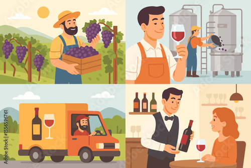 Wine production process illustration. From vineyard to table concept. Farmer harvests grapes, vintner tastes wine, distribution by truck, sommelier serves customer. Vector cartoon set.