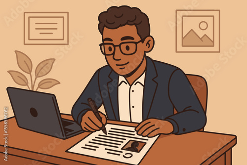 Professional man writing resume at desk. Job search, career and recruitment concept. Candidate preparing CV and cover letter for a new job. Employment and human resources vector.