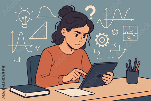Focused woman using a tablet for problem-solving. Concept of critical thinking, e-learning, research, and analysis. Student studying at desk with icons of an idea, puzzle, and graph.