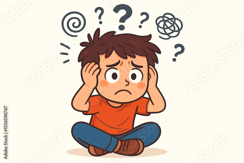 Frustrated boy with anxiety holding his head in confusion. Sad child with bewildered, messy thoughts. Concept for mental health, stress, ADHD, depression, and learning problems.