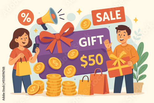 Gift card promotion for boosting sales and customer loyalty. Happy people shopping with prepaid vouchers, getting bonus rewards and discounts. E-commerce marketing vector illustration.