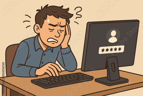 Frustrated man struggles with forgotten password. Stressed office worker has login problem and computer access denied. Cybersecurity and authentication issue concept illustration.