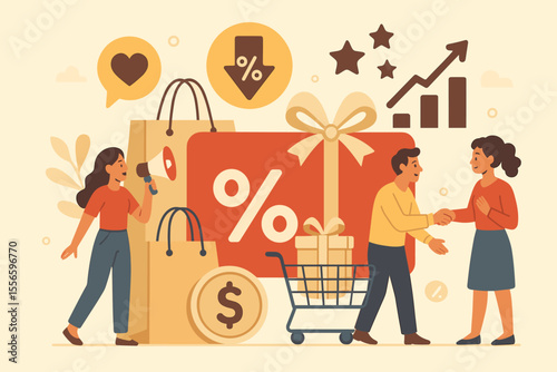 Gift card promotion boosting sales. Customer loyalty program with discount vouchers. Marketing campaign concept with happy shoppers, handshake, shopping bags and growth chart.