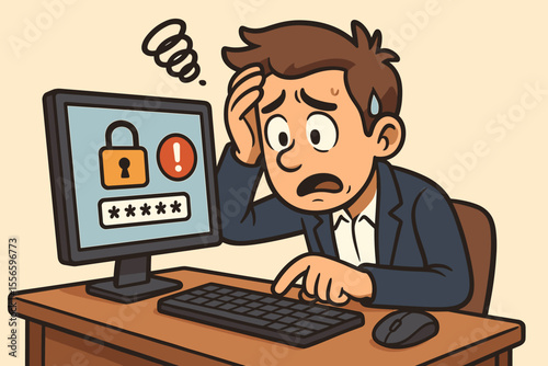 Frustrated man struggling with a forgotten password. Stressed businessman has a login problem with his computer. Access denied, wrong password concept. Cybersecurity vector cartoon illustration.