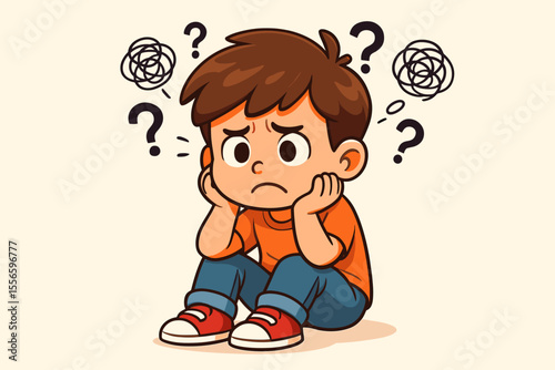 Confused boy with question marks, a concept of mental health, anxiety, and stress. Frustrated child sitting with tangled thoughts. Psychology vector illustration of a sad, worried kid.