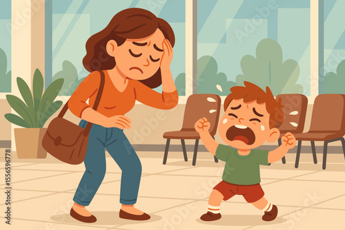 Frustrated mother dealing with crying son having a public tantrum. Stressed mom exhausted by difficult child behavior. Parenthood burnout, family conflict, motherhood problems concept.