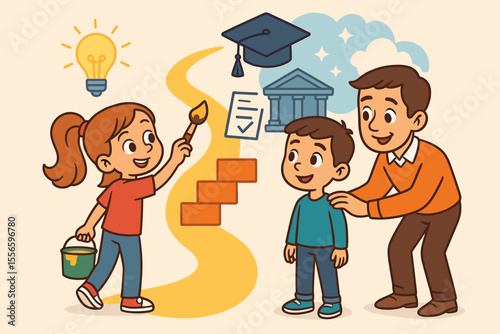 Education journey vector concept. Girl paints her own future path with a creative idea. Father guides his son, providing mentorship and support. Metaphor for childhood learning and gender.