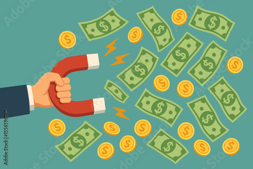 Businessman hand holding a large red magnet attracting money, dollar bills and coins. Financial success and wealth concept. Metaphor for attracting investment, profit, and prosperity.