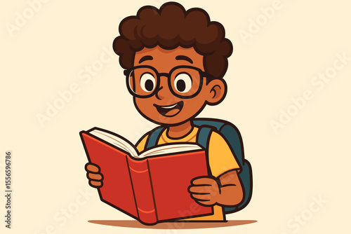 Happy African American student boy reading a book. Cute Black child with glasses and backpack enjoying learning. Concept of education, knowledge, back to school, and literacy. Cartoon vector.