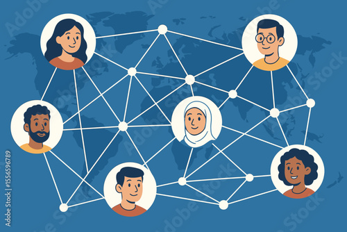 Global network concept with diverse people avatars connected worldwide. Social media community and international communication. Digital technology, teamwork, and remote work vector.