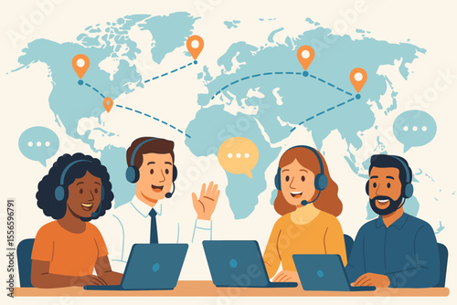 Global customer service call center concept. Diverse team of operators with headsets providing worldwide client support. International remote helpdesk and hotline assistance vector.