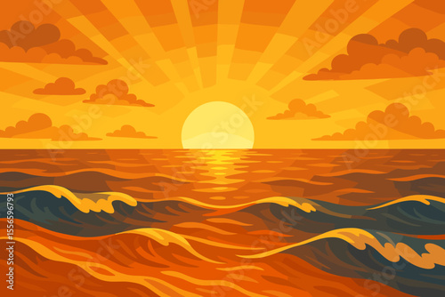 Golden sunset over ocean waves and horizon, vector cartoon illustration. Seascape with sun, clouds, and sunburst. Beautiful summer nature landscape background for travel or vacation.