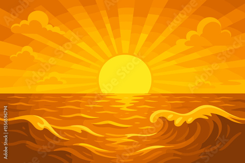 Ocean sunset or sunrise with golden sun and waves. Vector cartoon illustration of a scenic sea landscape background. Tropical summer vacation concept with bright orange sky and sunbeams.