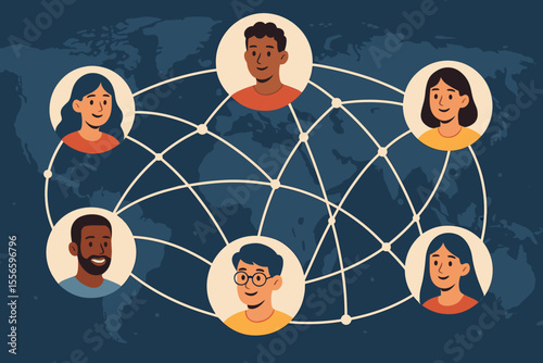 Global network of interconnected people. Digital connectivity and communication concept. Diverse group of men and women avatars on a world map. International community teamwork.