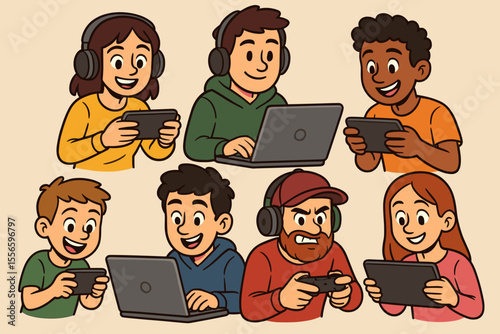 Group of diverse gamers playing video games. Multicultural people with headphones on laptop, tablet, phone, console. Vector cartoon character set for esports, hobby, competition.
