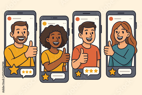 Diverse happy customers giving positive review and feedback. People on smartphone screens with thumbs up and star rating. Client satisfaction and online testimonial vector concept.