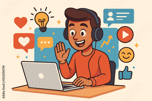 Male influencer or streamer creating online content. Social media marketing concept with a man on a laptop wearing a headset surrounded by icons like heart, comment, and play. Vector.