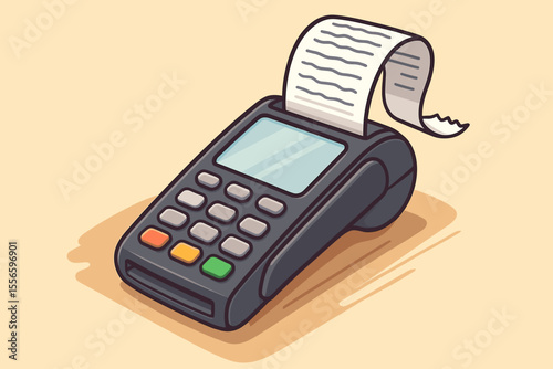 POS terminal with a long paper receipt, vector cartoon illustration. Concept of retail transaction, sales record, and electronic payment. Cashless shopping and financial technology icon.