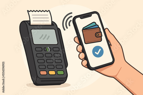 Contactless payment via smartphone. Hand holding phone with digital wallet app for mobile transaction at POS terminal. NFC technology, successful purchase with checkmark. Vector cartoon.