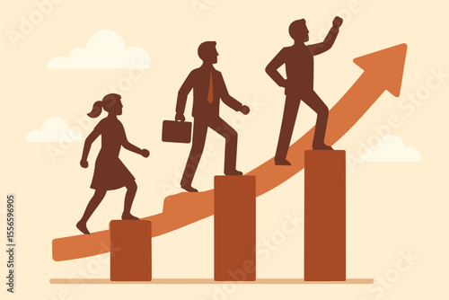 Concept of personal and professional growth. Business people silhouettes climbing up a rising arrow chart. Metaphor for career ladder, success, progress, and ambition. Vector.