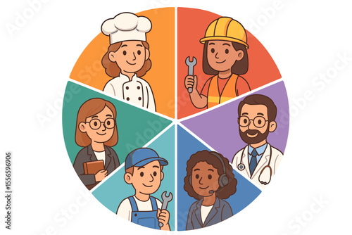 Workforce diversity and labor market concept. Pie chart infographic with cartoon characters of different occupations. Job statistics for doctor, chef, engineer, mechanic. Vector.