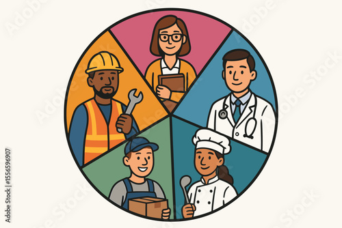 Dynamic Pie Chart Illustration: Diverse Workforce Occupations and Professional Roles. Representing Various Careers, Jobs, and Industries. Work, Team, Business.