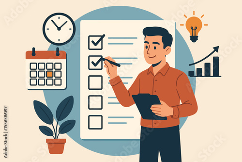 Productive businessman checking to-do list. Time management, planning schedule, and task prioritization concept. Workflow optimization for business efficiency, growth and success.