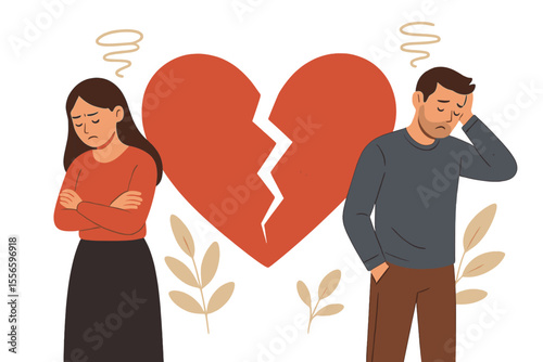 Relationship crisis concept with a sad couple and a broken heart. Vector illustration of a man and woman experiencing conflict, divorce, separation, and breakup. Metaphor for heartbreak.