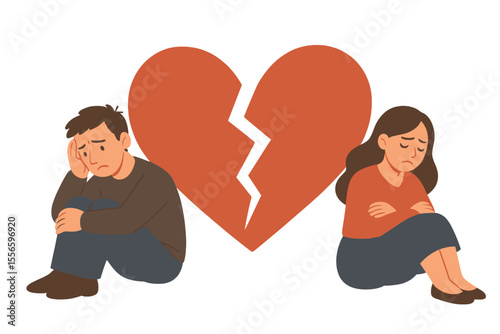 Relationship crisis and divorce concept. Sad cartoon couple, man and woman, sit apart after conflict. Broken heart symbol represents breakup, separation, heartbreak and family problems.