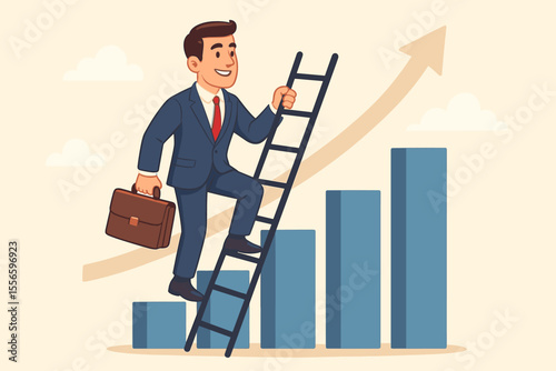 Businessman climbing career ladder for success and growth. Corporate employee on bar chart graph. Concept of promotion, ambition, progress, and professional development. Vector.