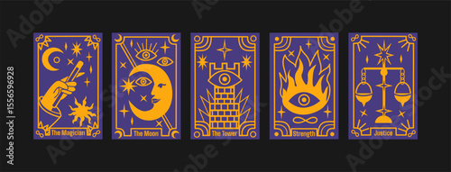 Major Arcana tarot cards in retro cartoon style. Mystical posters with symbolic characters: The Sun, The Moon, The Star, The Tower, The Fool. Fortune telling scene. Illustration in retro cartoon style