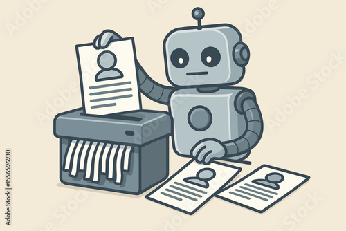 AI automation in human resources. Robot character shredding employee applications, CVs, and resumes. Concept of job loss, unemployment, and the future of work recruitment. Vector.