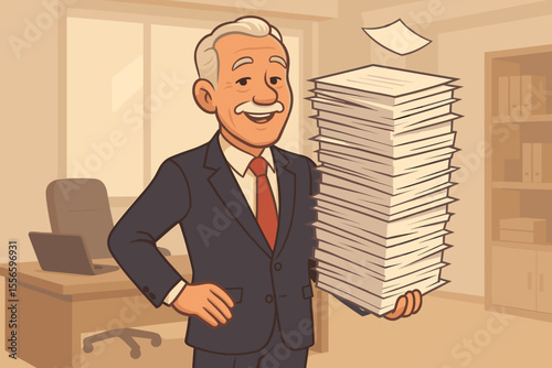 Happy senior businessman holding a large stack of paperwork effortlessly. Successful manager managing heavy workload in the office. Concept of productivity, efficiency, experience, and bureaucracy.