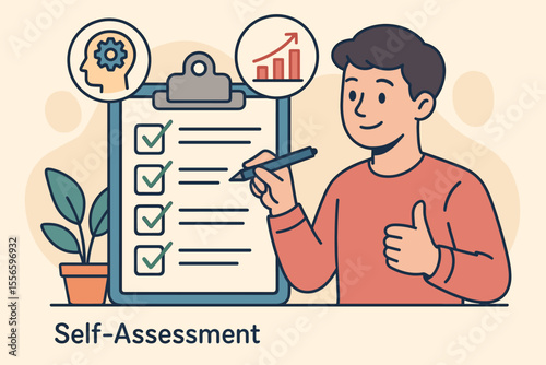 Self-assessment and personal development planning concept. Man with a checklist on a clipboard for career growth and skill improvement. Goal setting and performance evaluation illustration.